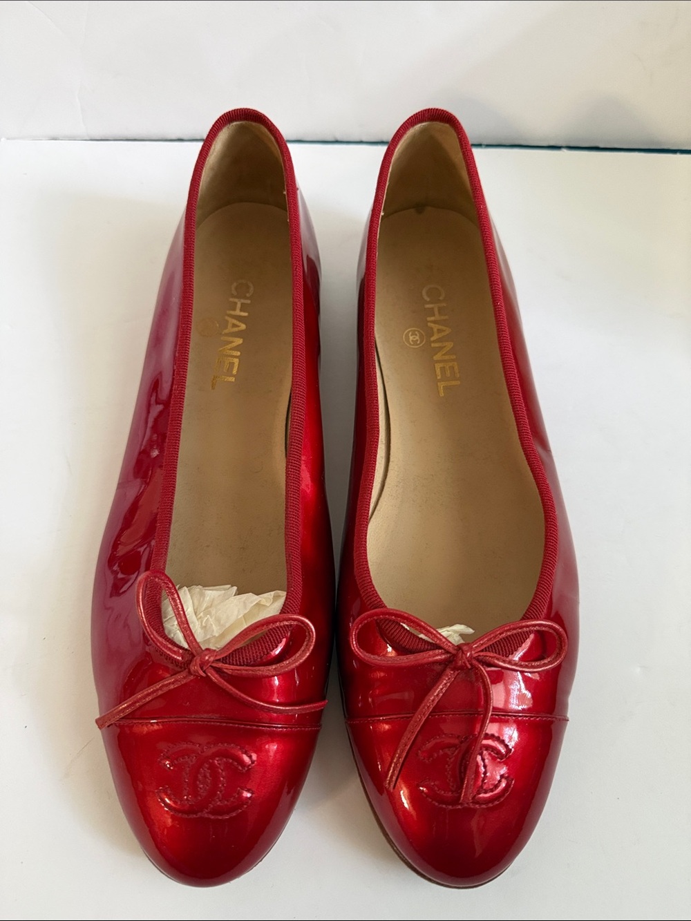 Chanel Ruby Red Glossy Patent Leather CC Logo Ballet Flats